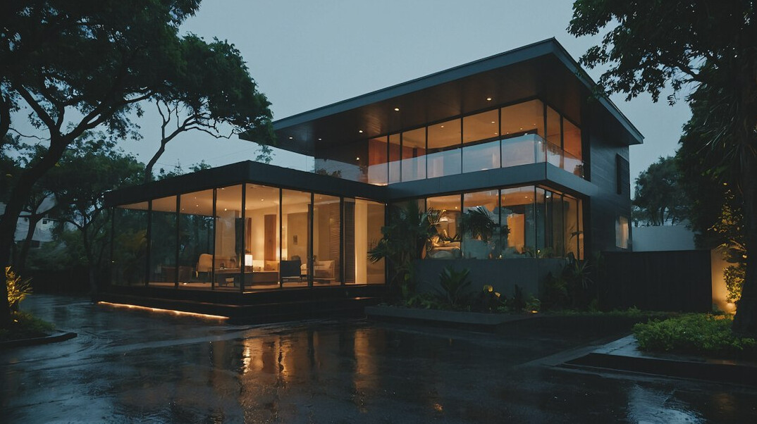 Luxurious modern villa illuminated at dusk with large glass facade